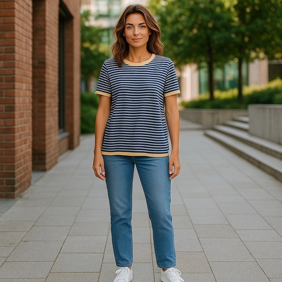 Classic Blue and Cream Striped Women's Short-Sleeve Sweater - Picture 6 of 6